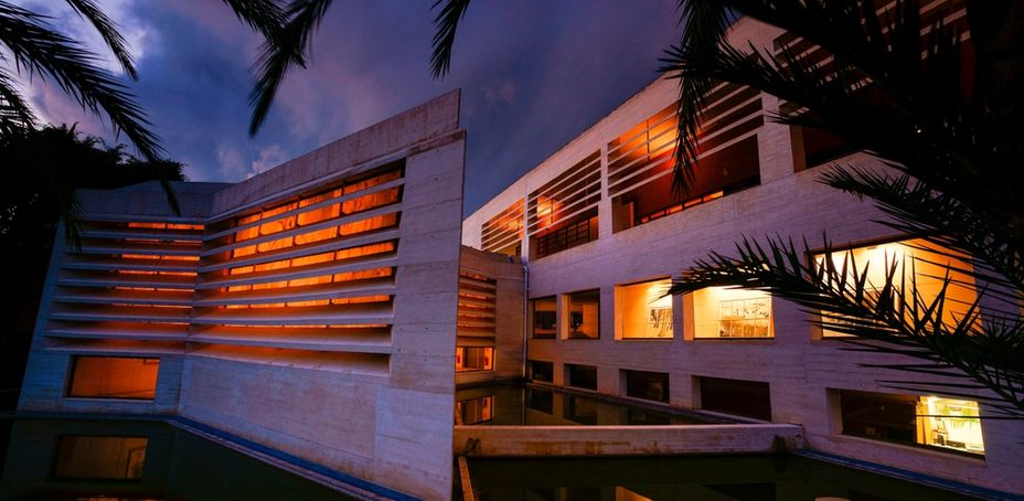 Edificio contemporáneo con fachada iluminada y palmeras en primer plano durante el anochecer.