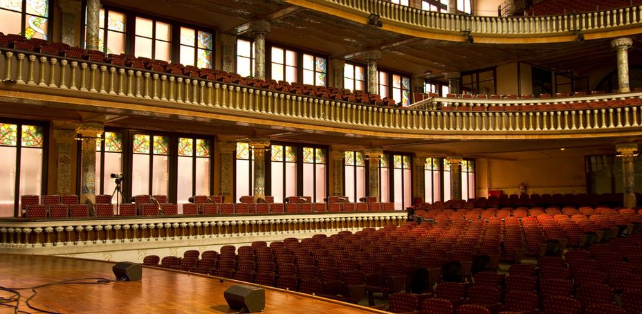 The interior of the iconic Palau de la Música Catalana, a renowned concert hall in Barcelona.