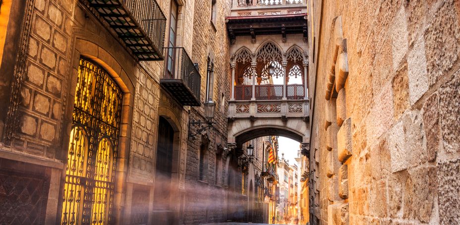 Bridge between buildings in Barri Gotic quarter of Barcelona, Spain