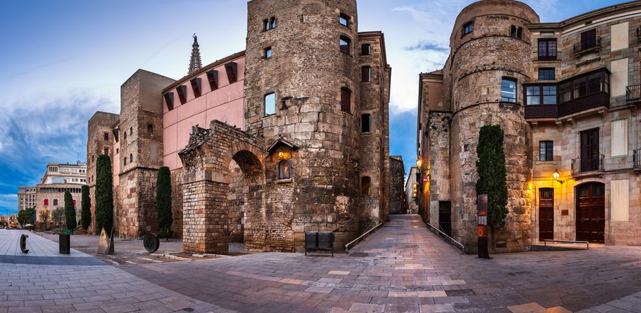 Panorama of Ancient Roman Gate and Placa Nova in the Morning, Barri Gothic Quarter, Barcelona, Catalonia, Spain