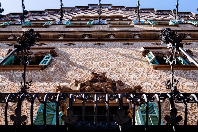 Close-up of Casa Amatller's ornate façade with decorative elements